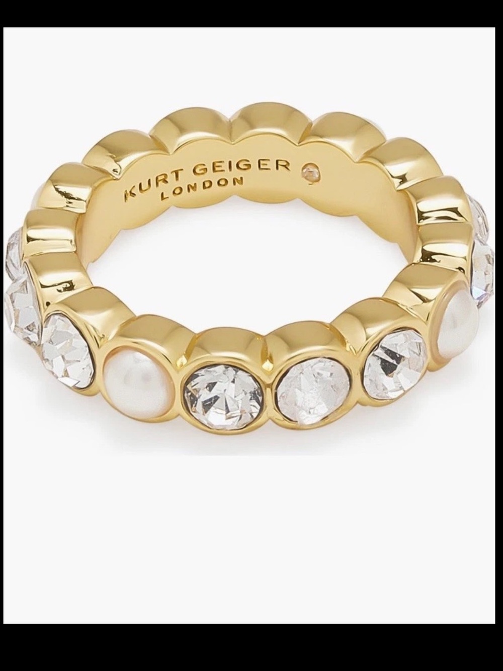 NEW KURT GEIGER LONDON Faux Pearl Crystal Goldtone Band Ring, Size 7 or 8